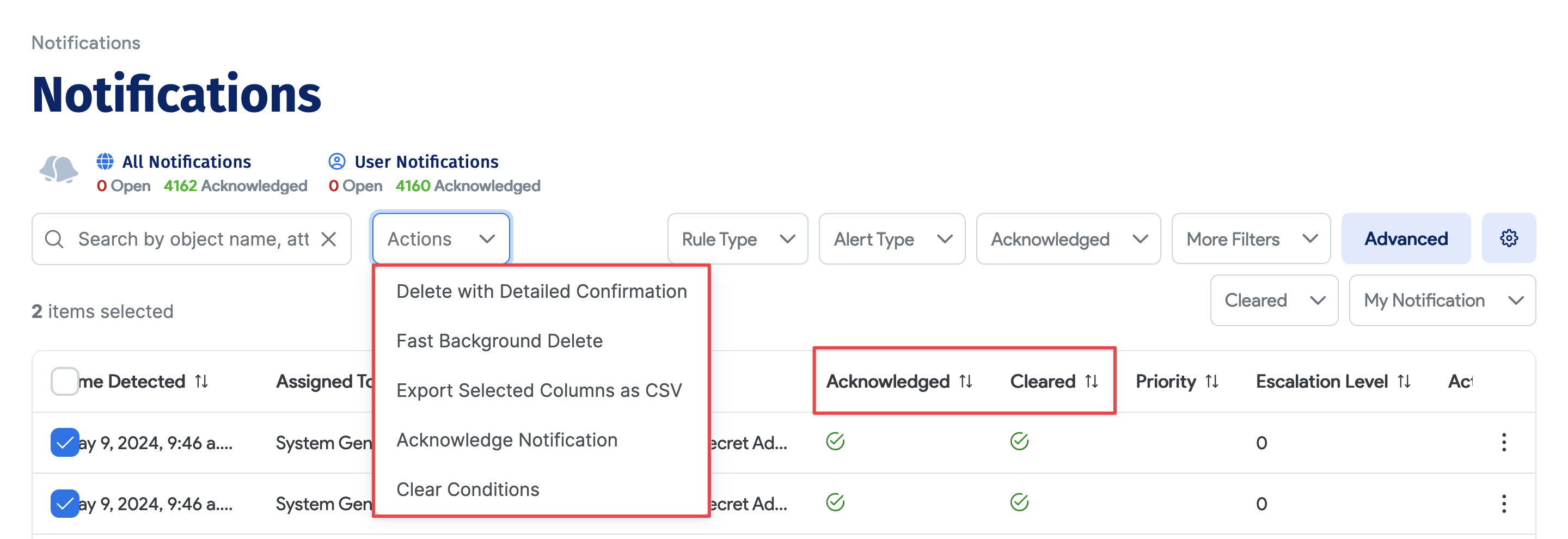Notification list view and actions