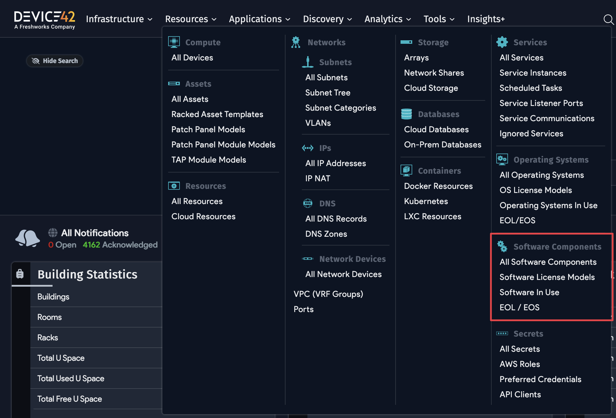 The Software Components section in the Resources menu
