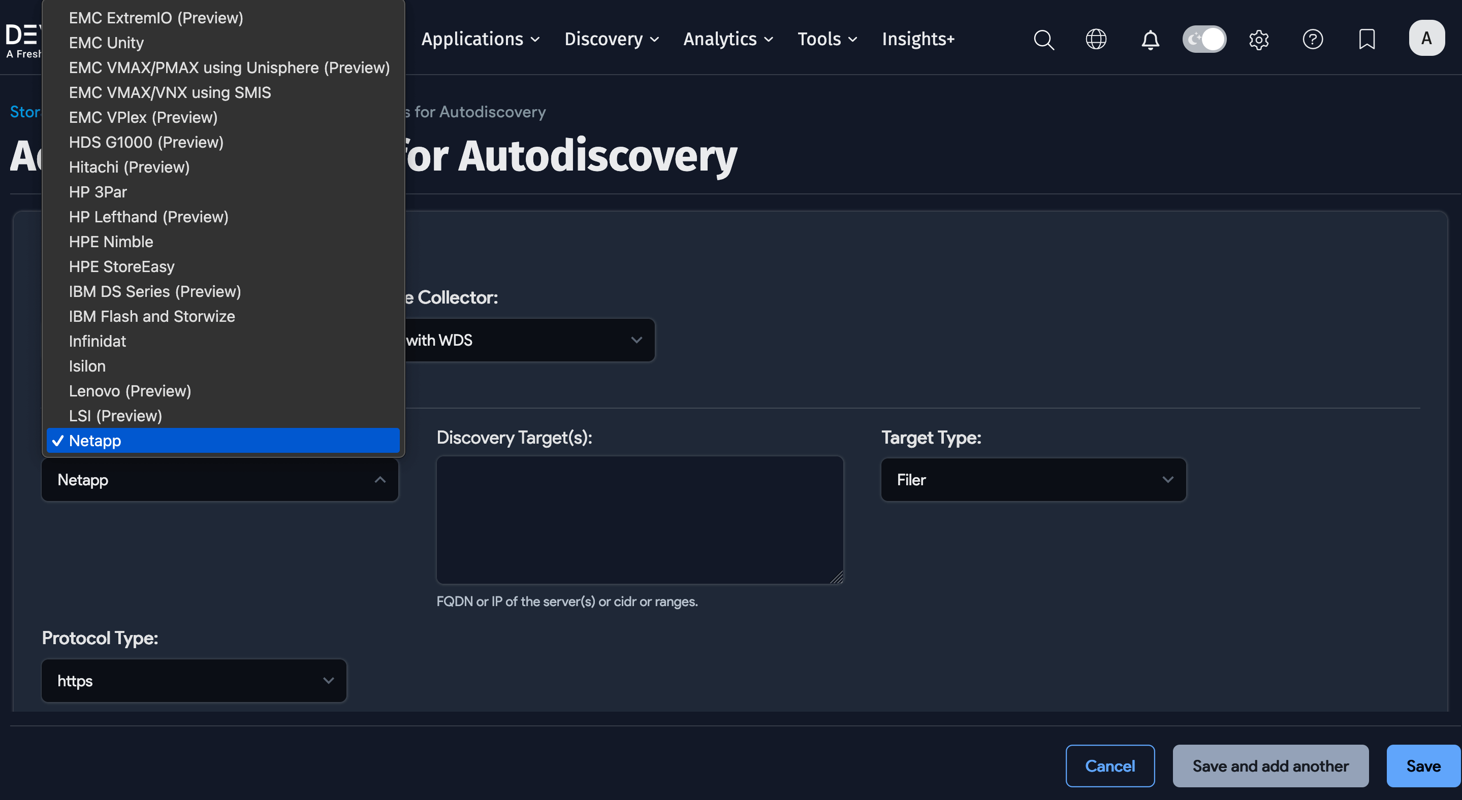 Storage array platform dropdown