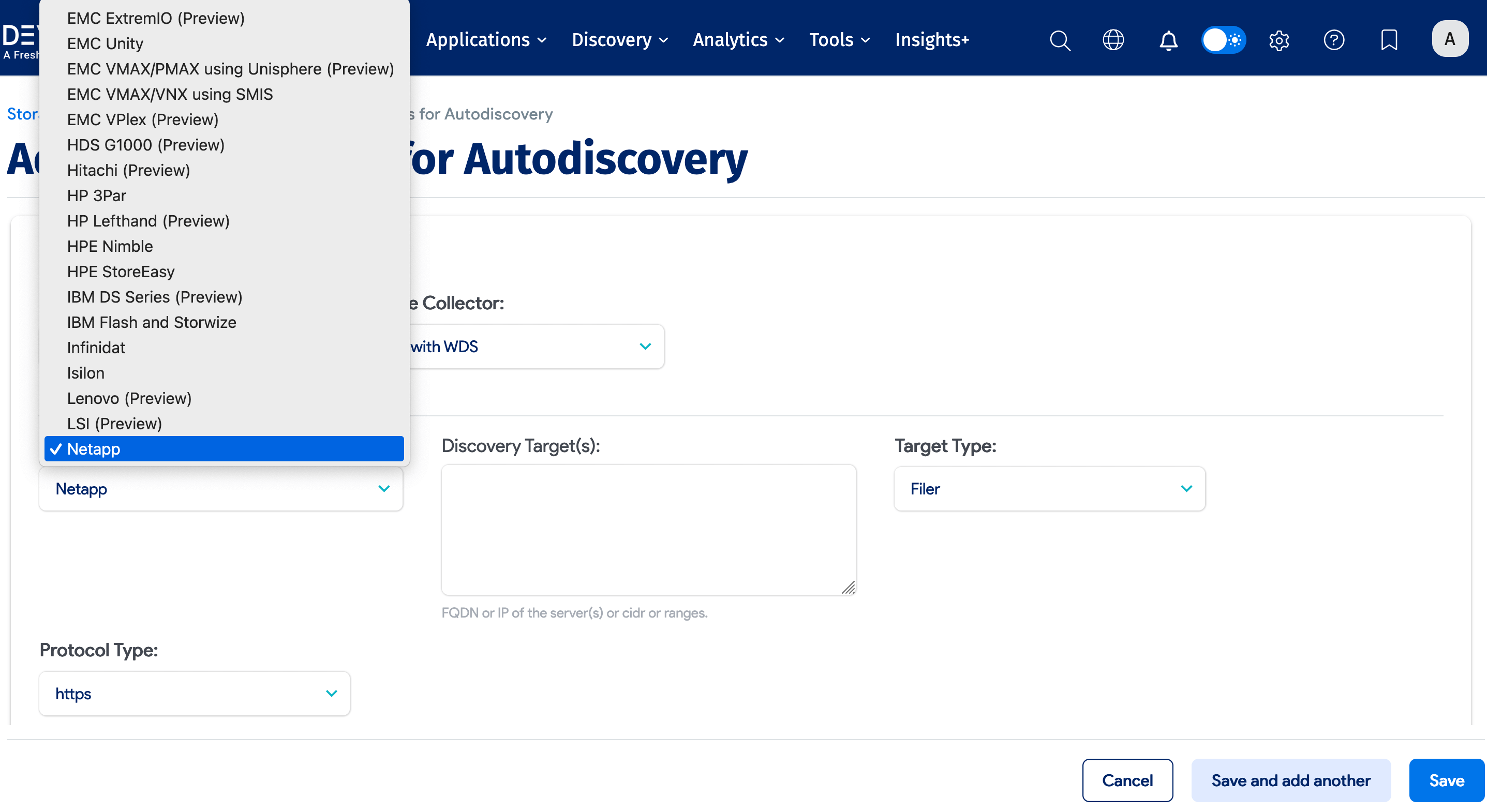 Storage array platform dropdown
