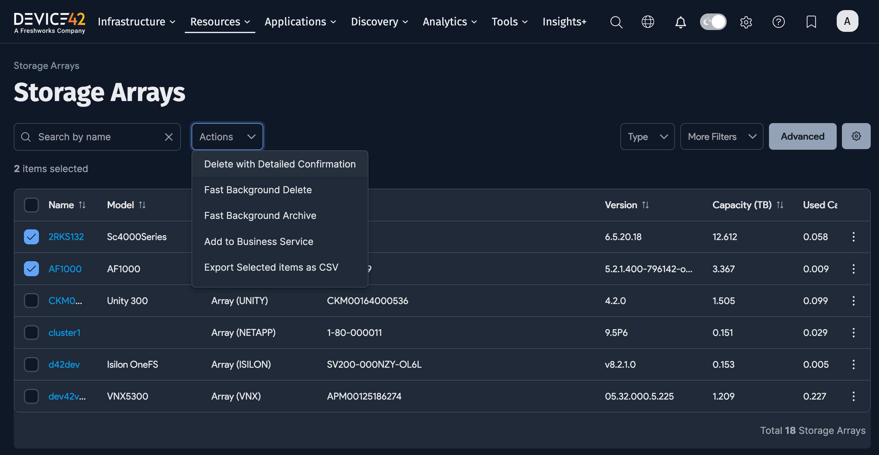 Storage array actions