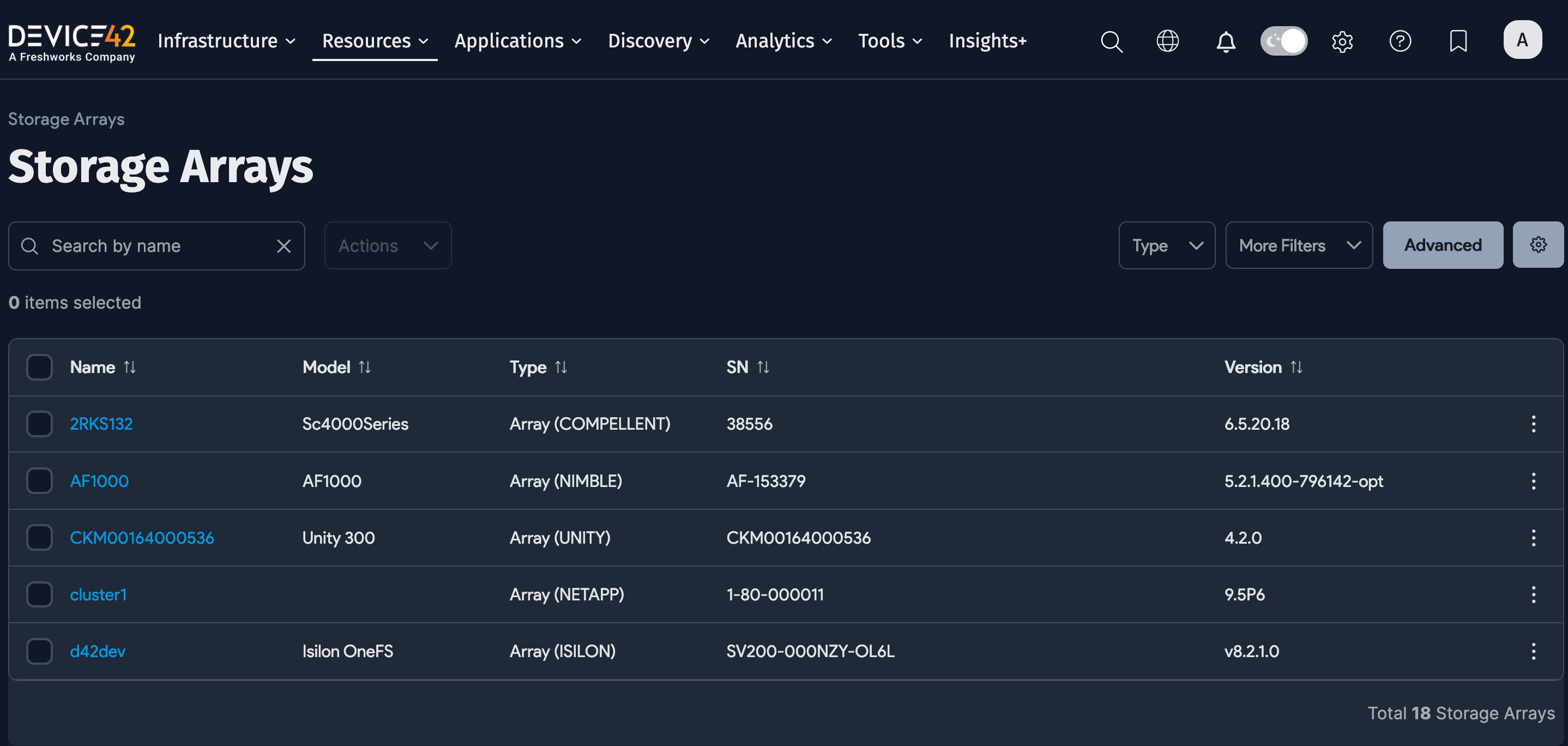 Storage arrays list page