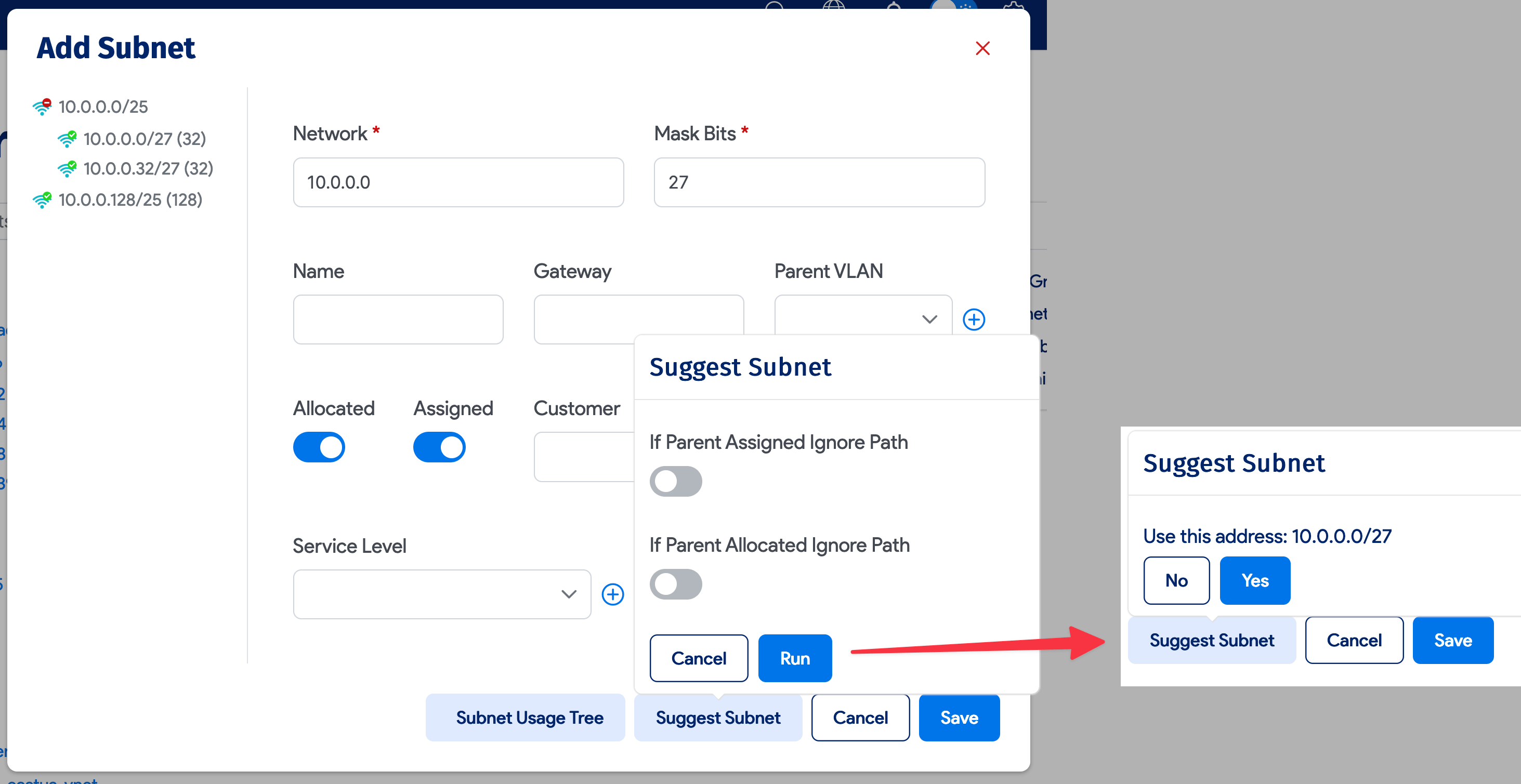 Recommend a subnet from the tree view