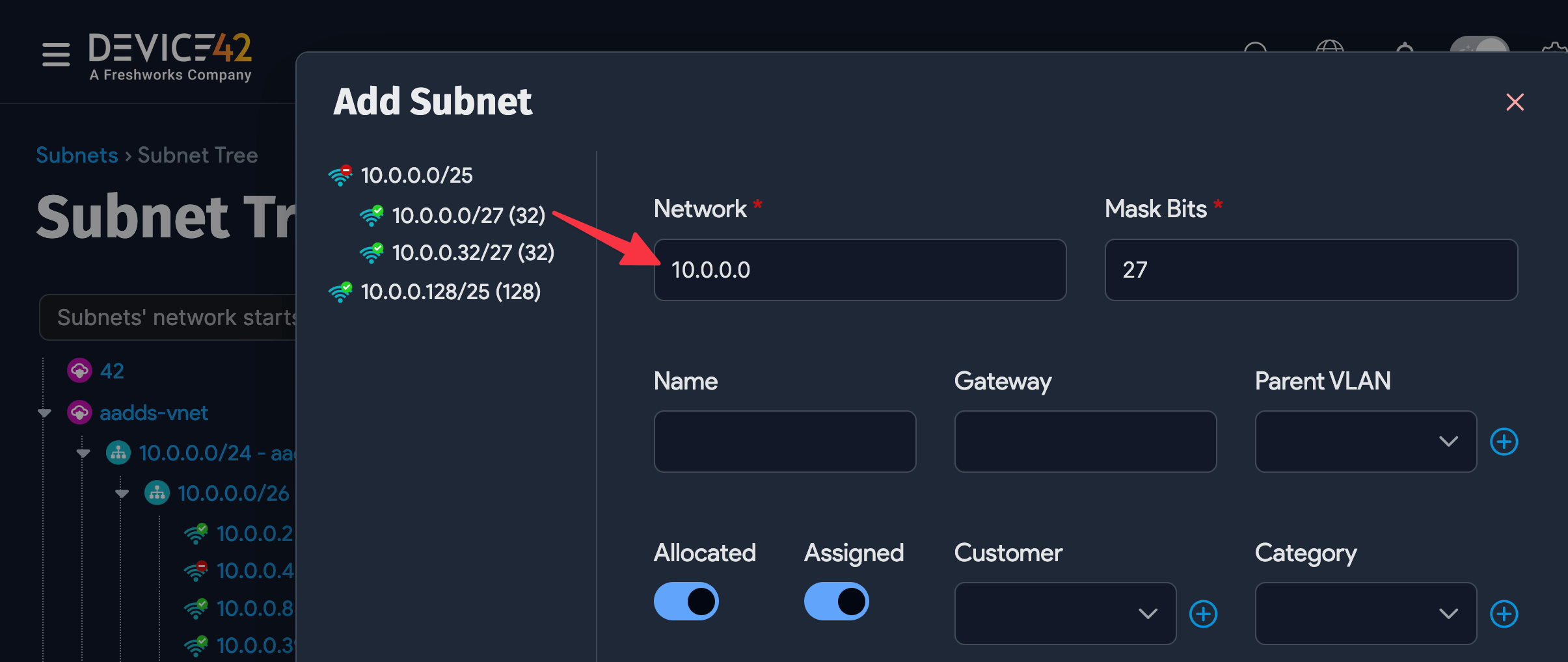 Nest subnets right from the tree view