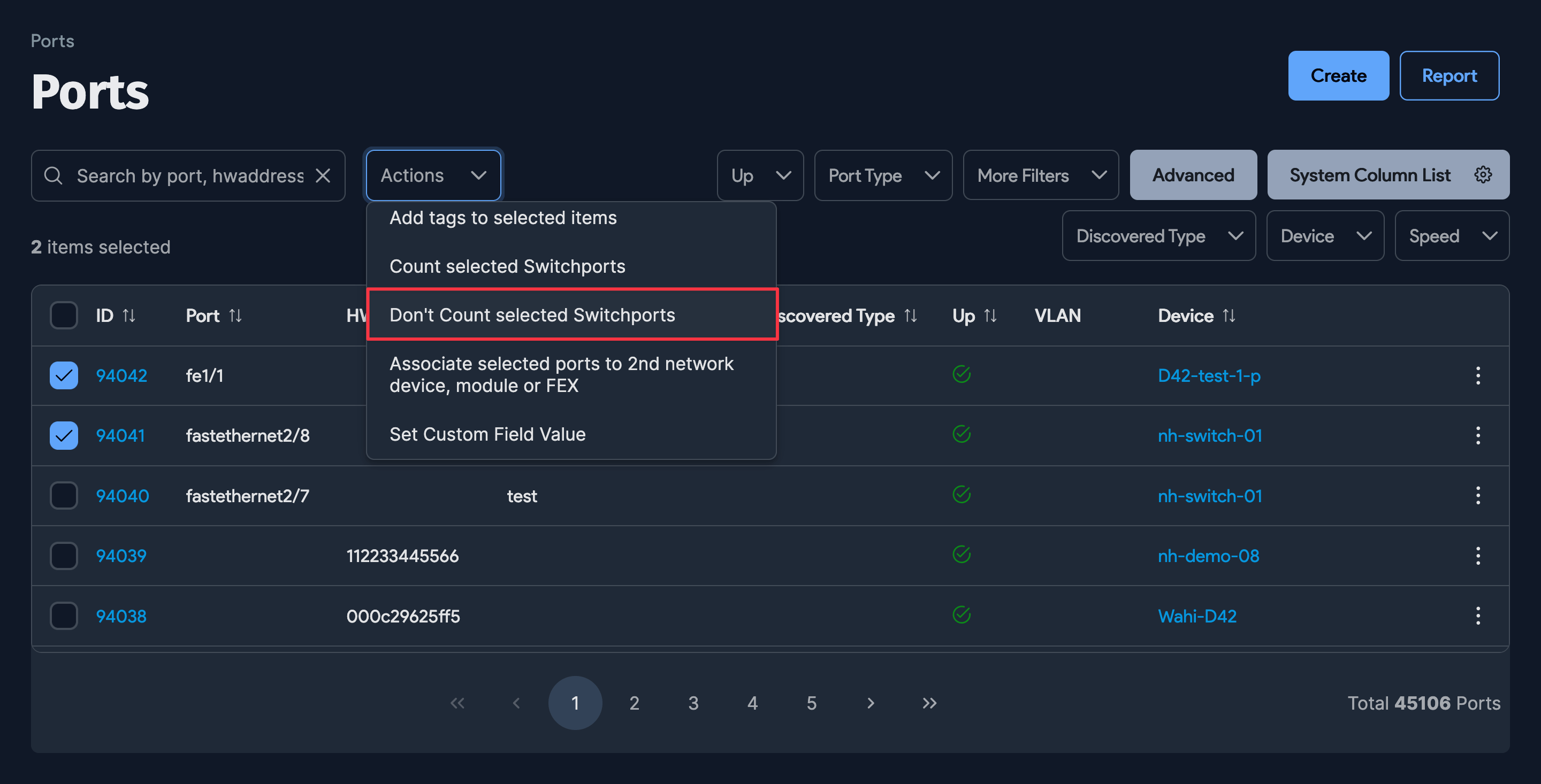 Switch port action menu