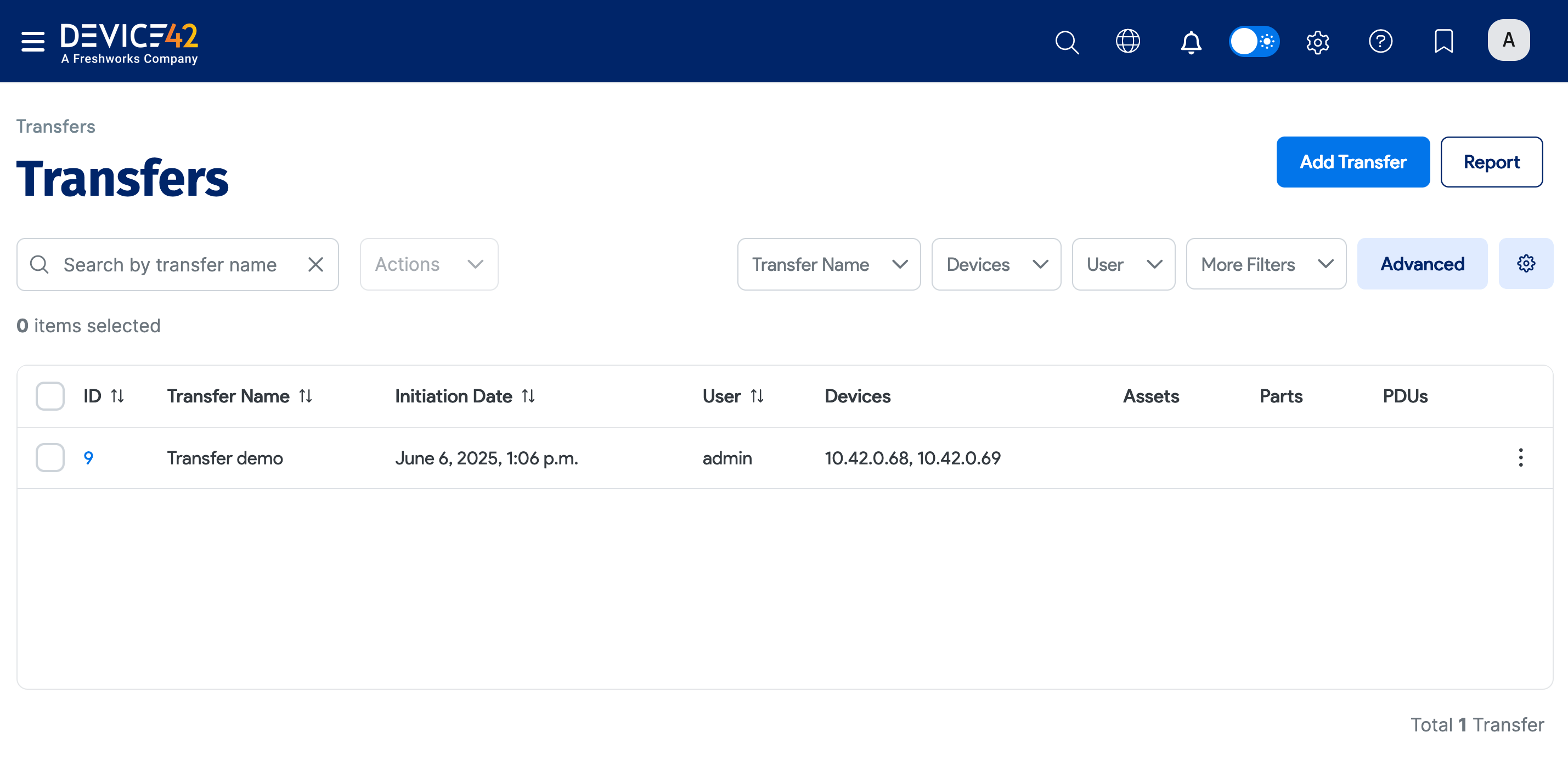 Transfer Between Locations list page
