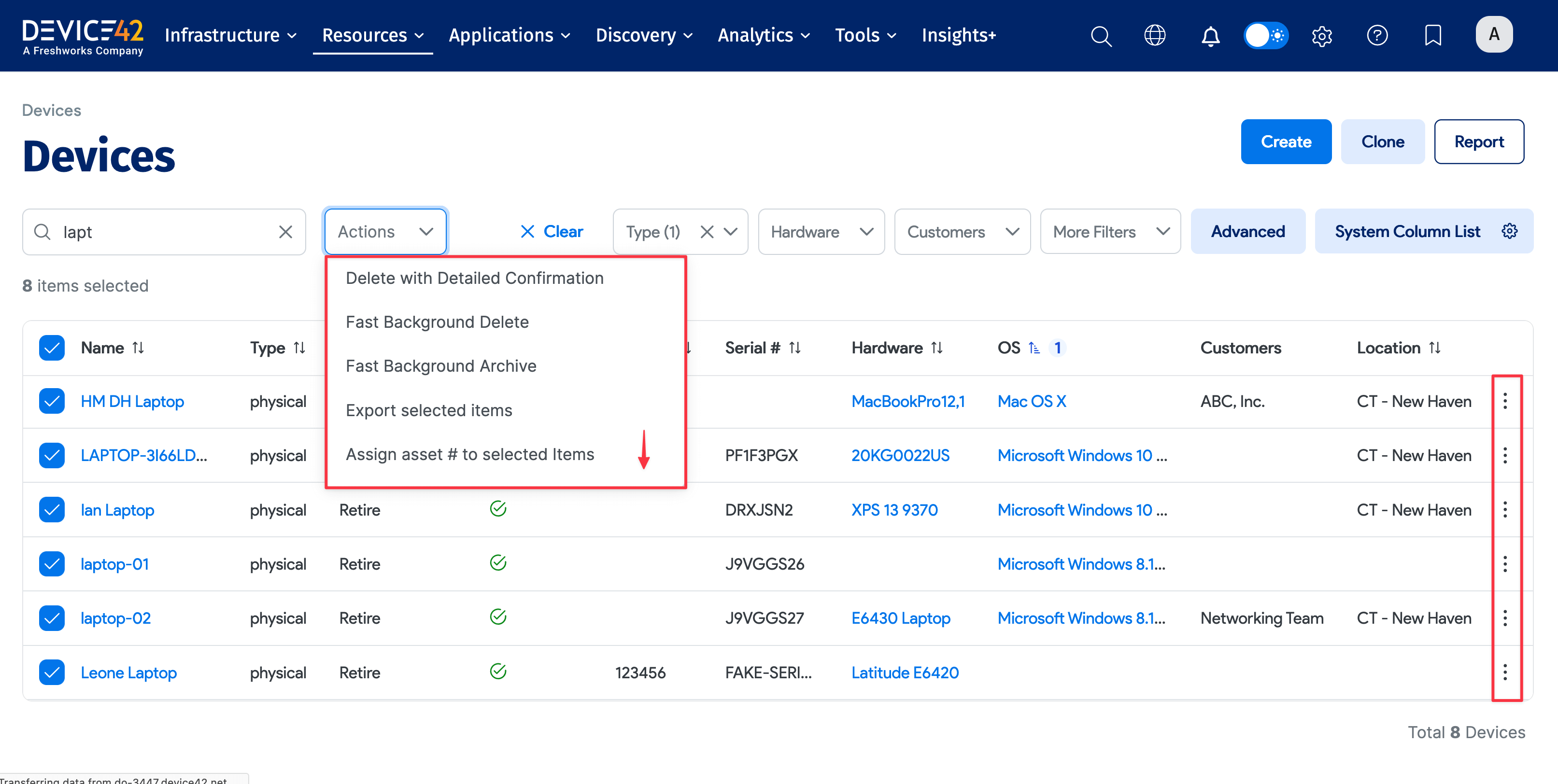 Bulk actions dropdown