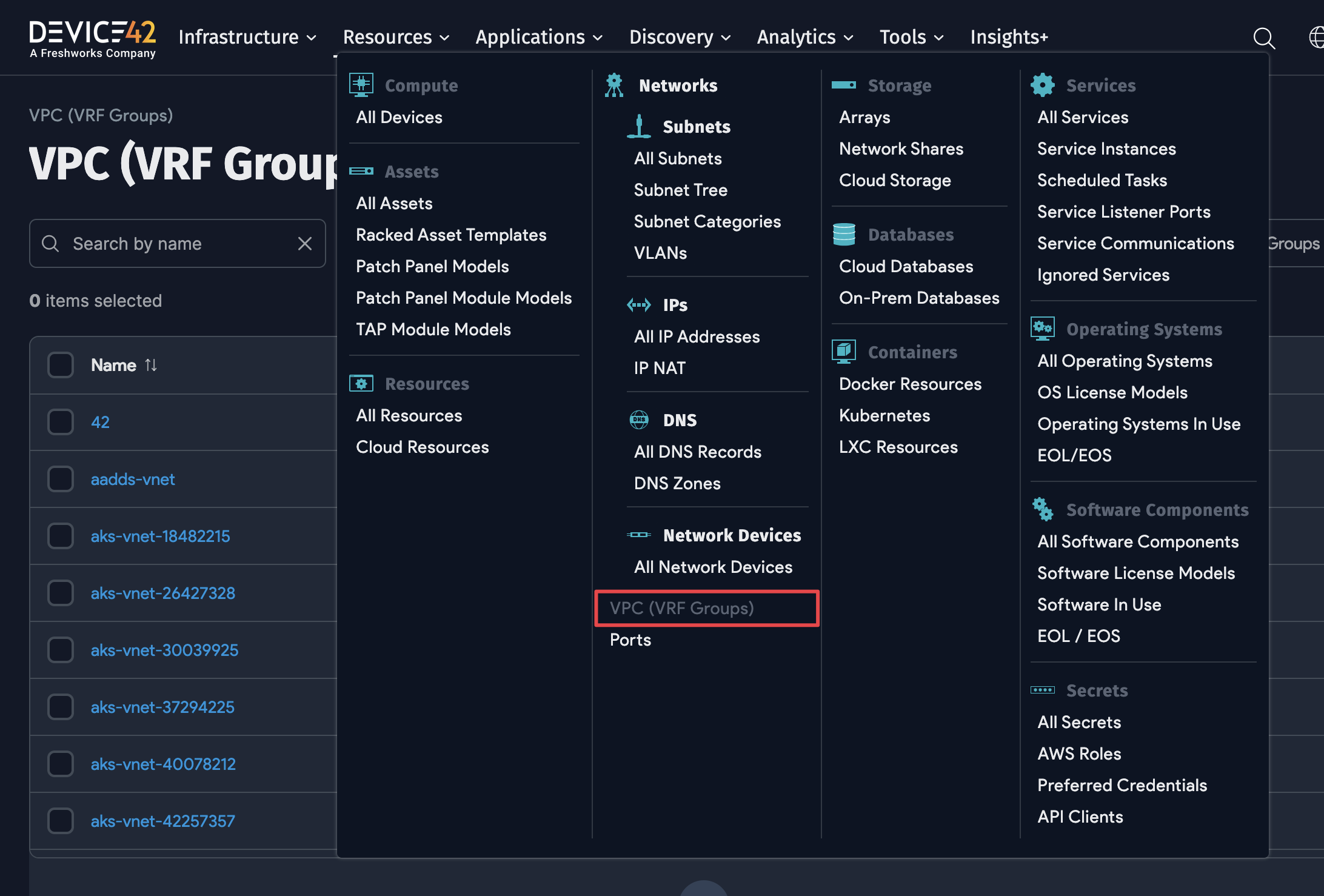 Device42 VRF Group menu item