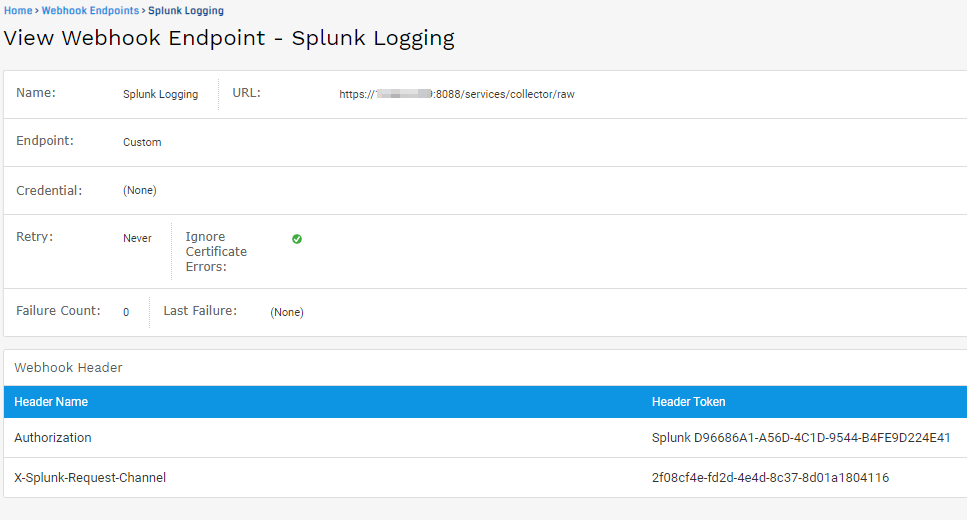 Webhook endpoint Splunk logging configuration