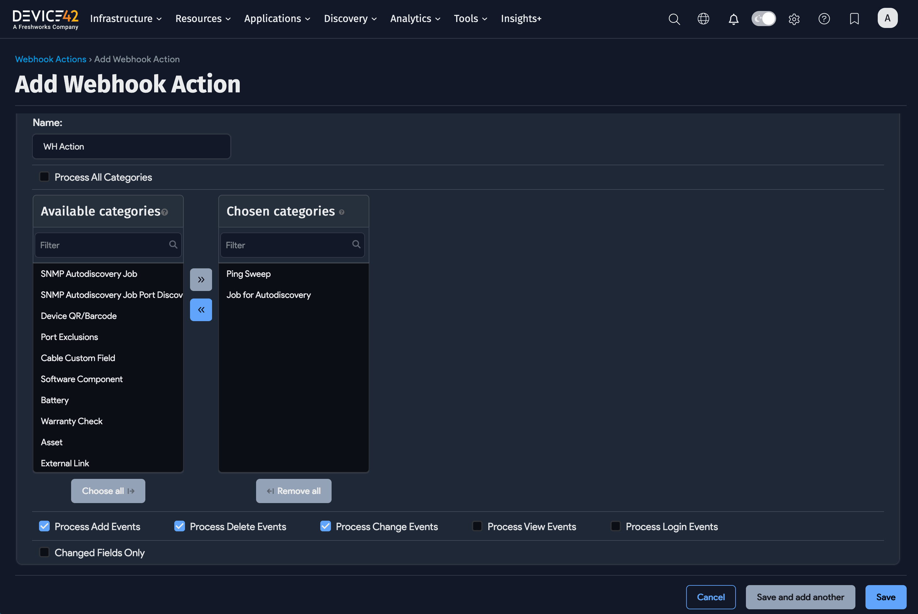 Add Webhook Action screen