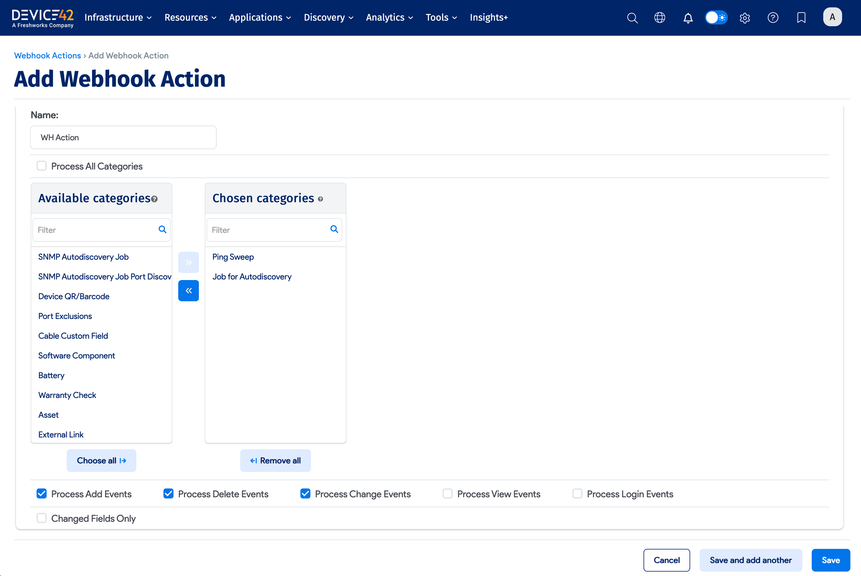 Add Webhook Action screen