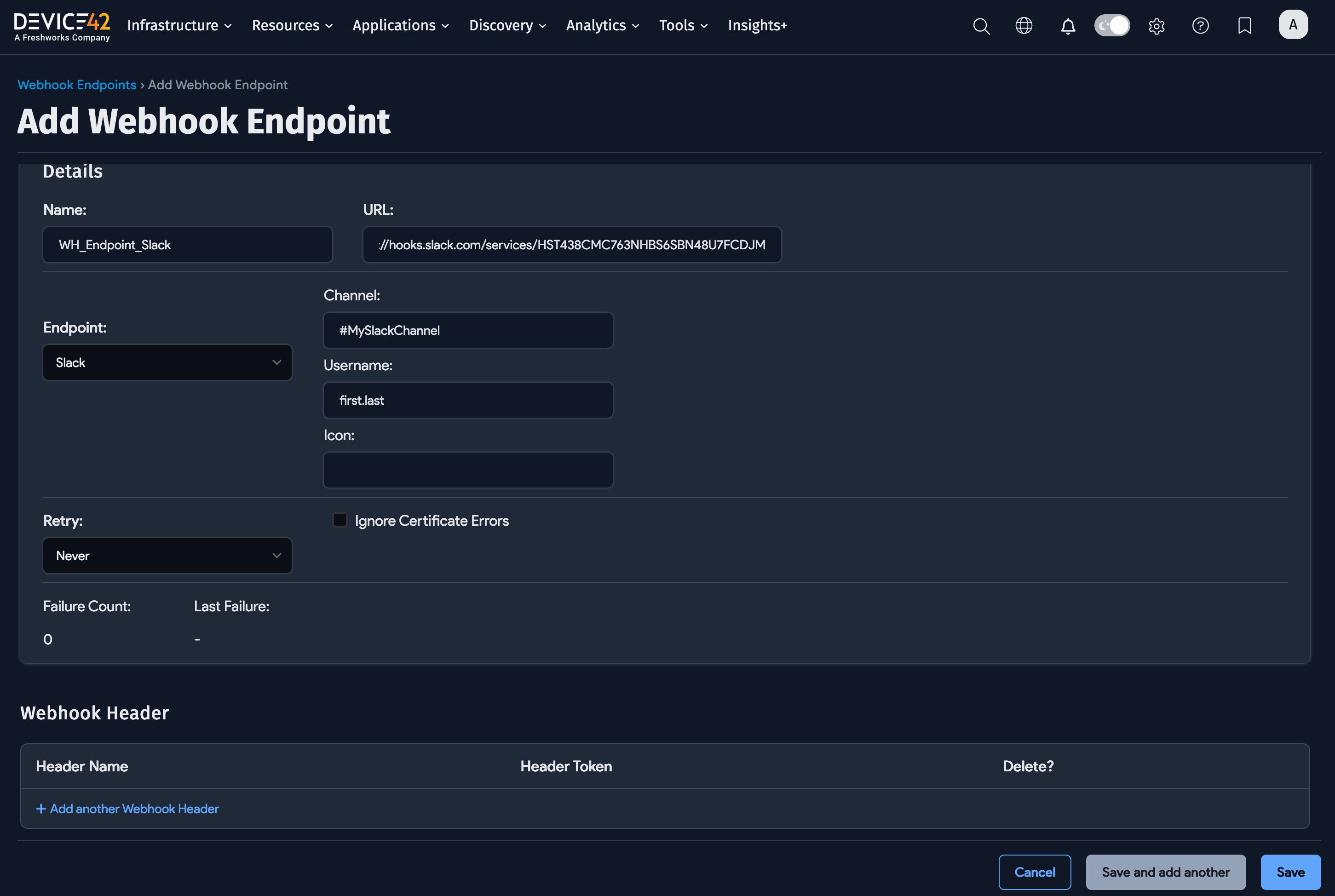 Add Webhook Endpoint screen