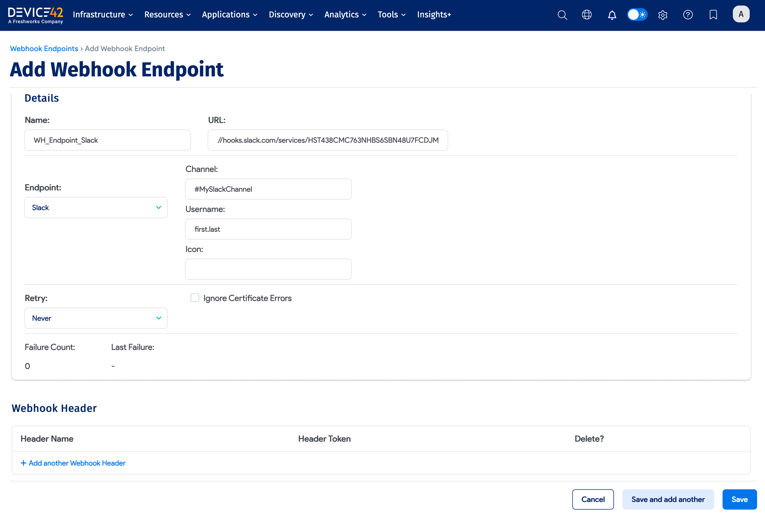 Add Webhook Endpoint screen