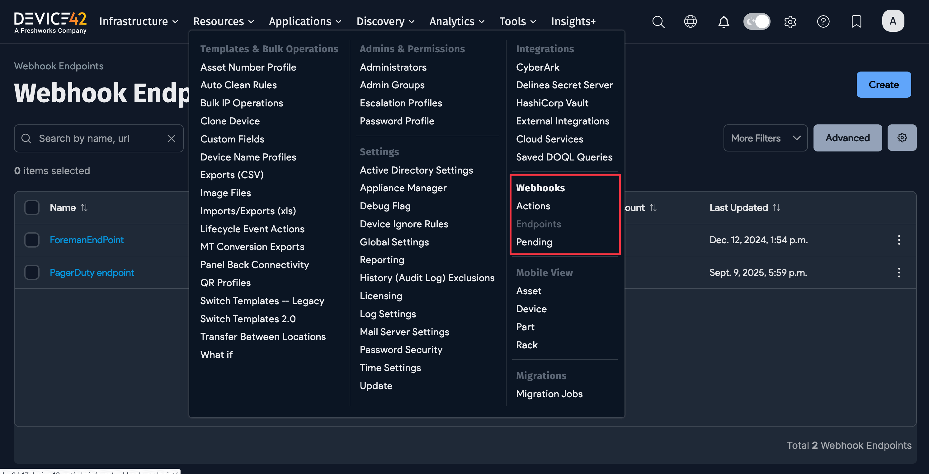 Webhook menu