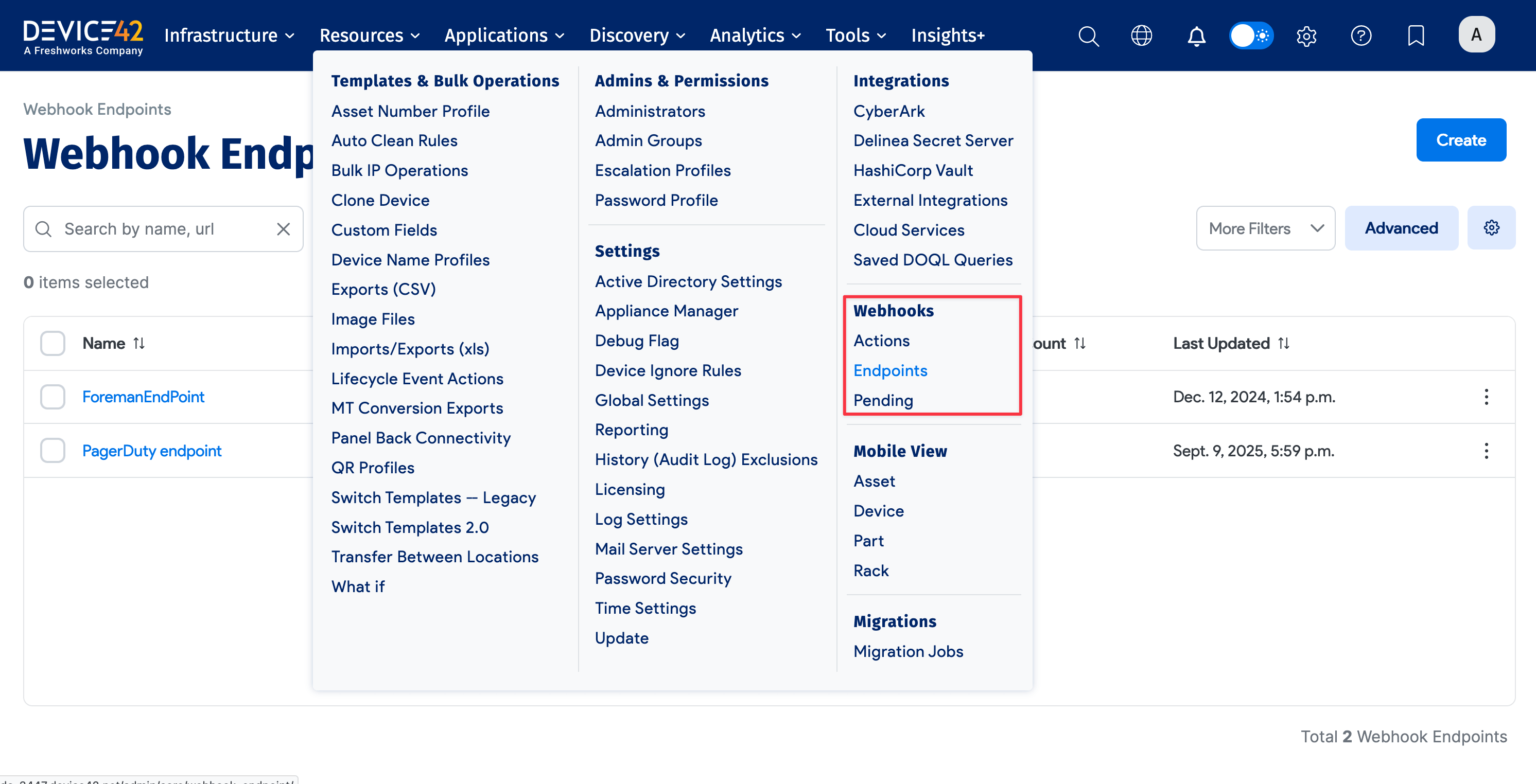 Webhook menu