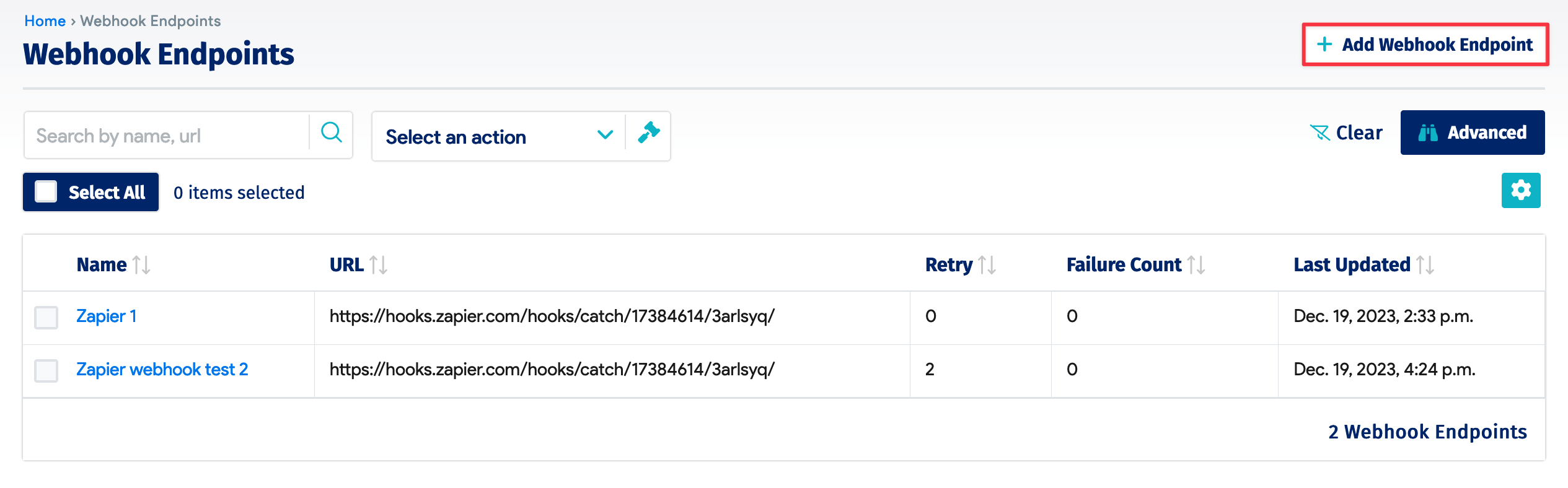 Webhook Endpoints list page