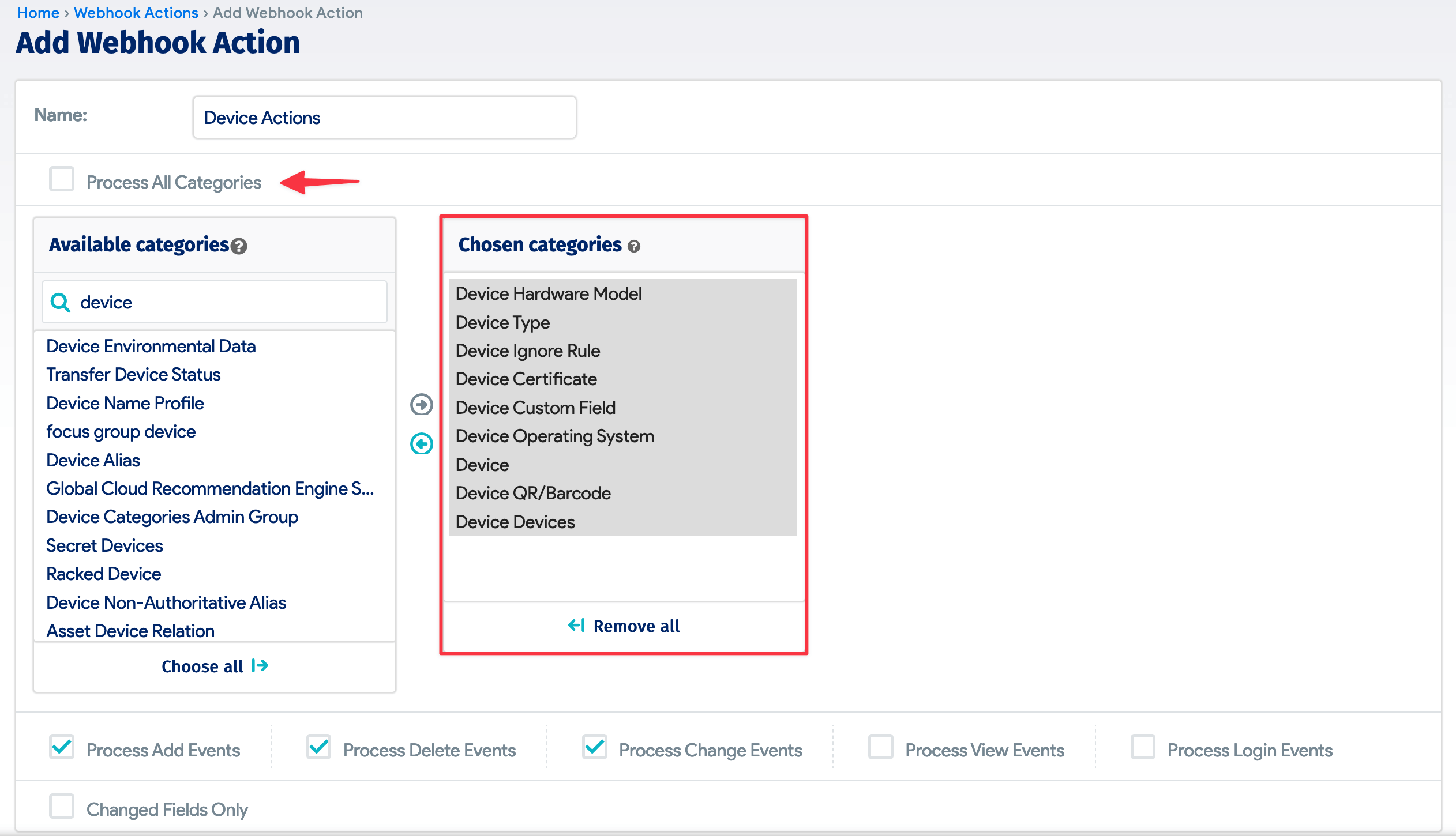 Webhook action categories